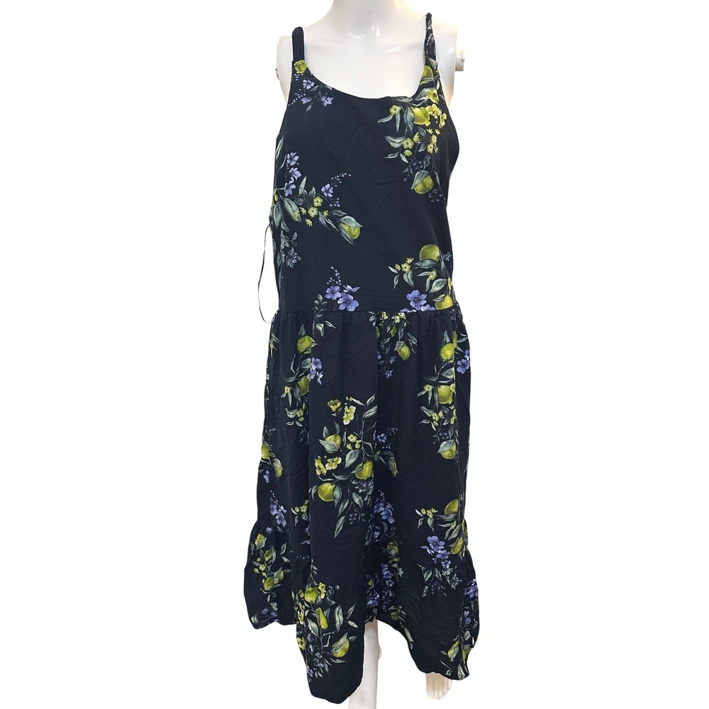 Time and Tru Womens XL Navy Lemon‎ Floral Tiered Midi Dress Sleeveless Pockets